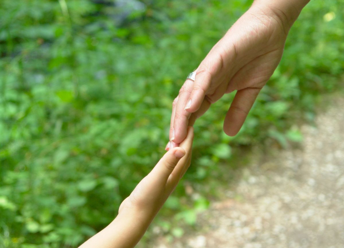 Main d'un adulte guidant celle d'un enfant sur un chemin en pleine nature